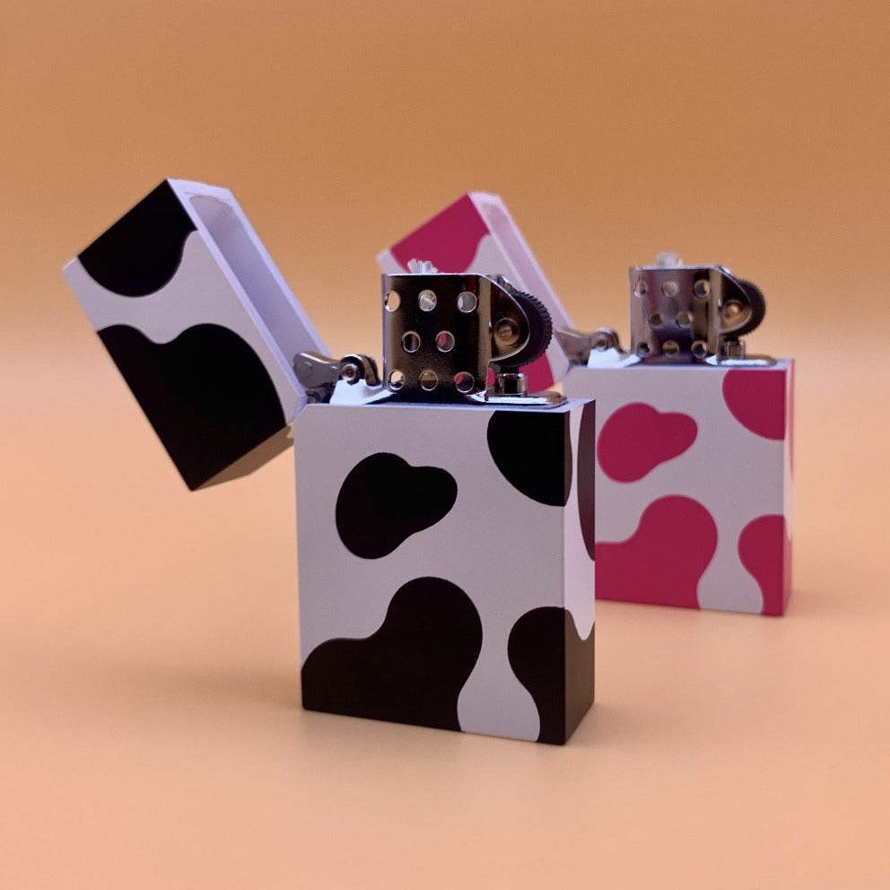 Tsubota Pearl Hard Edge Refillable Strike Lighter Cow Print Pink Spots Black and White